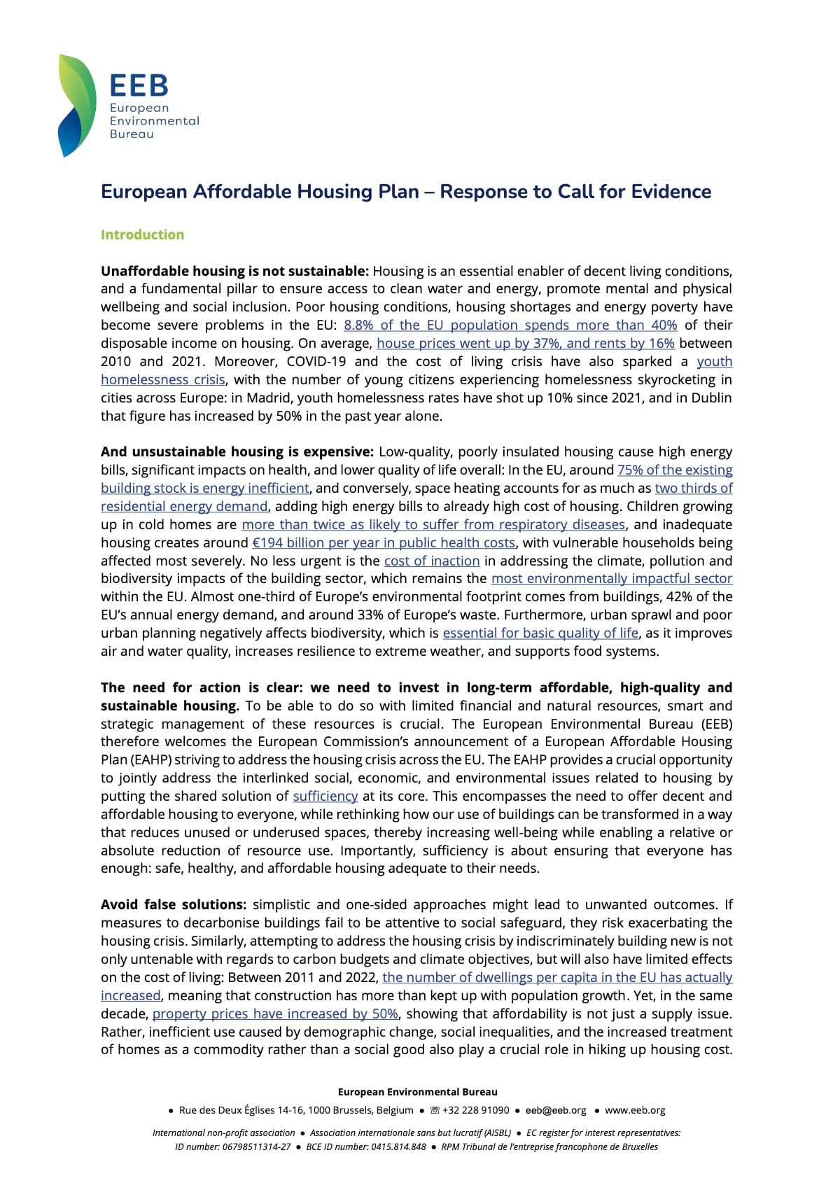 European Affordable Housing Plan – Response to Call for Evidence
