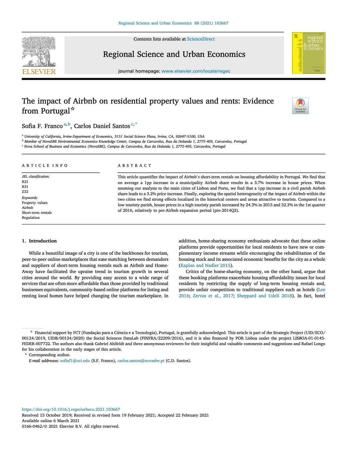 The impact of Airbnb on residential property values and rents: Evidence from Portugal