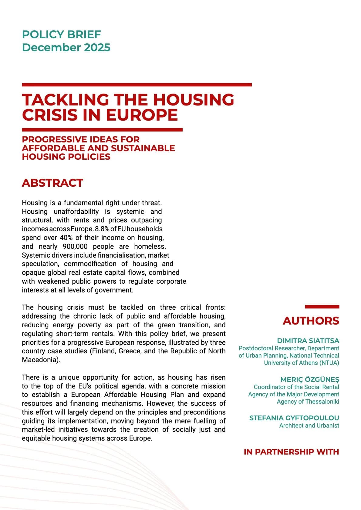 Tackling the Housing Crisis in Europe - Policy Brief