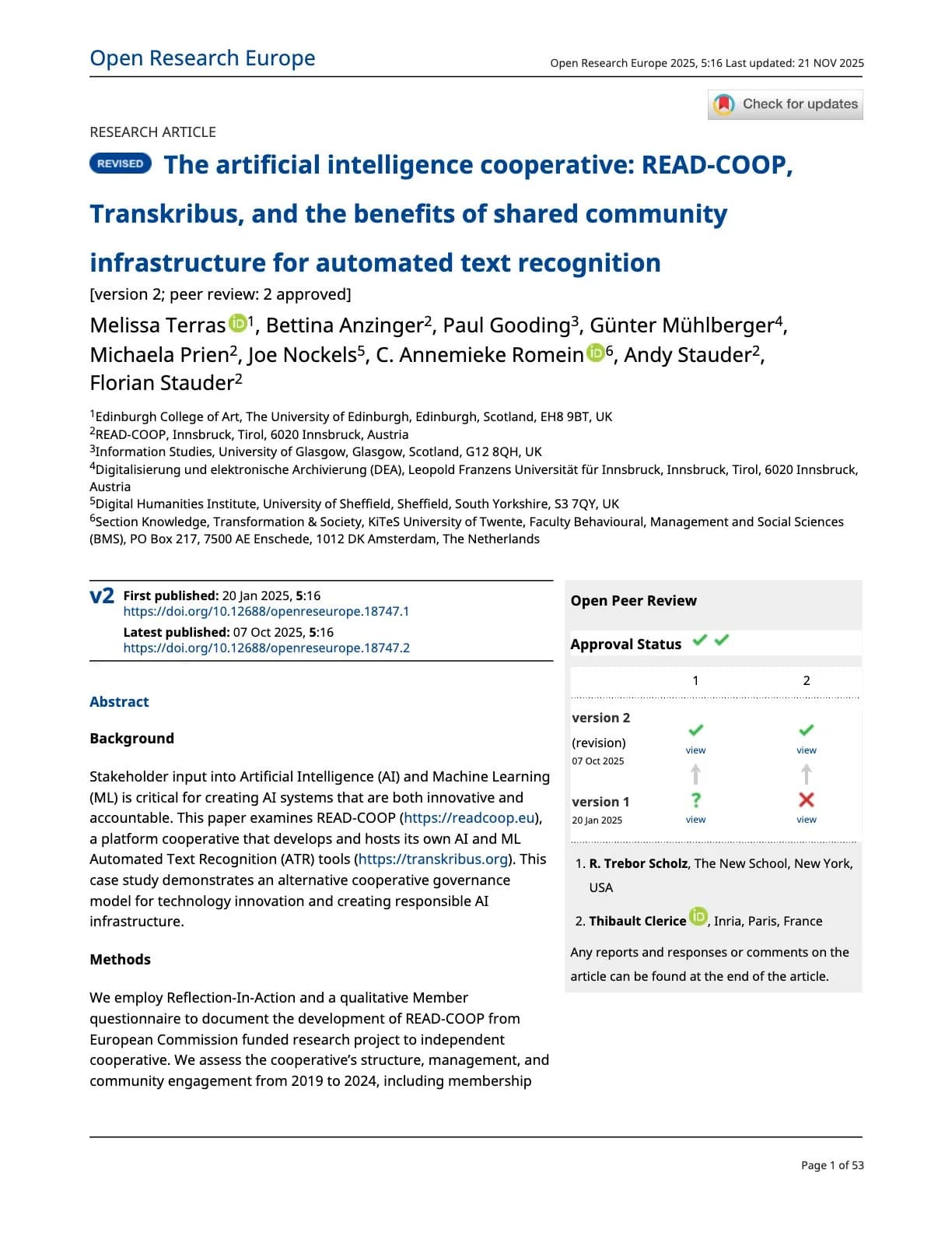 The artificial intelligence cooperative: READ-COOP, Transkribus, and the benefits of shared community infrastructure for automated text recognition
