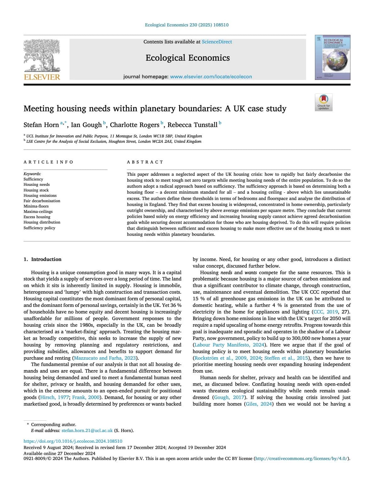 Meeting housing needs within planetary boundaries: A UK case study